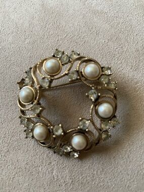 Monet Gold-Tone Faux Pearl and Crystal Wreath Brooch